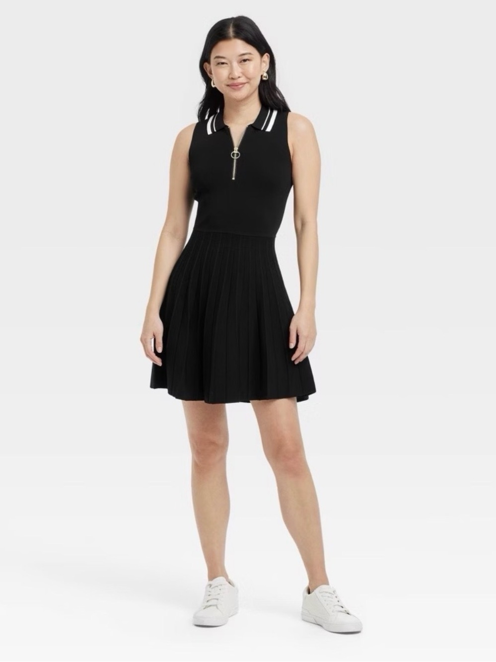 a new day Black Pleated Polo Mini Dress with White Collar Stripes